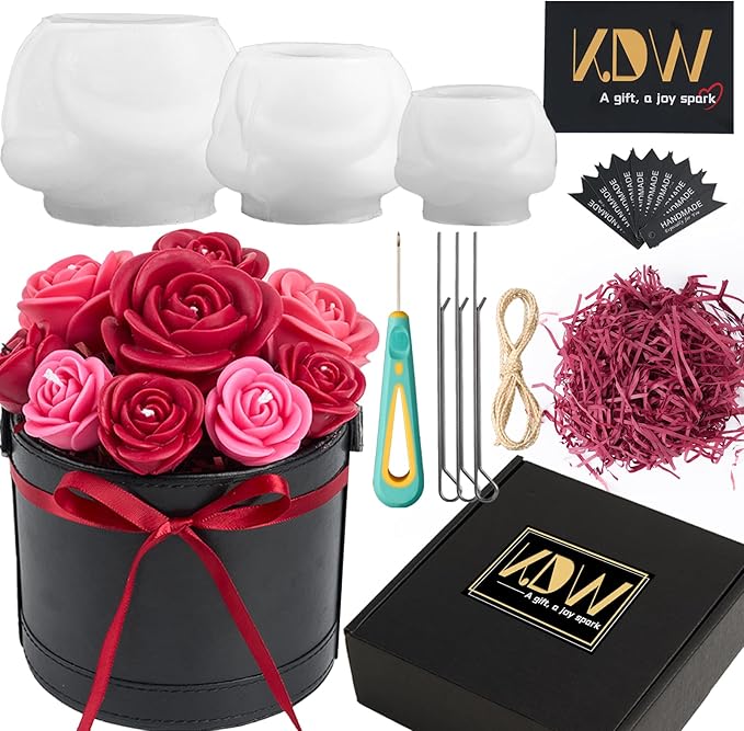 Rose Candle Making Kit with Candle Wicks Flower Silicone Mold for Candle Making Molds Set of Large + Medium + Small 3D Rose Molds DIY Handmade Soap Mould for Home Decor Valentine's Day Gift