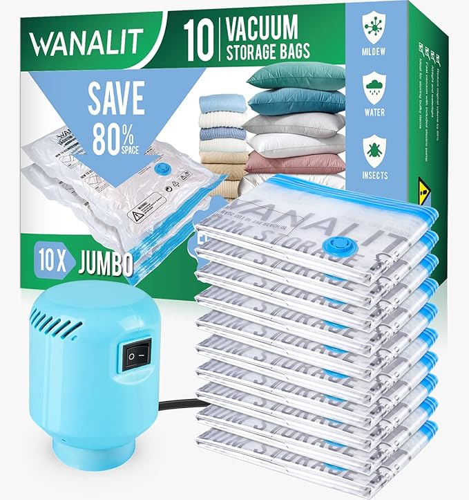WANALIT Vacuum Storage Bags with Electric Pump, 10 Pack Jumbo Size（40"x28"） Reusable Compression Space Saving Bag for Clothes, Bedding, Mattress, Blankets, Pillows, Comforters, Travel, White