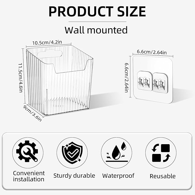 4 Pack Clear Adhesive Wall Mount Organizers, Stackable Cabinet Door Storages Baskets Bins Containers Multi-Purpose Wall-mounted Hanging Organization for Makeup,Kitchen,Bathroom