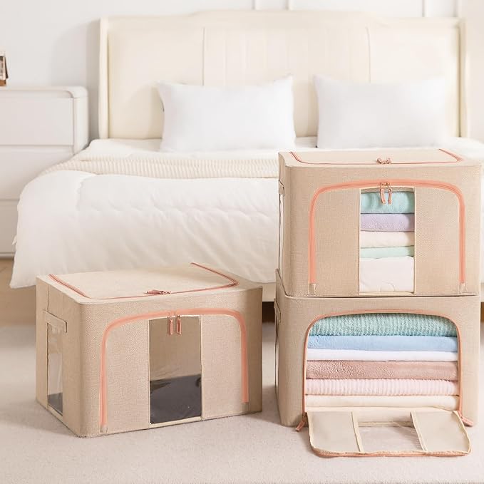 GuliPostan 3 Pack 24L Stackable Clothes Storage Bins with Metal Frame Handles & Zipper, Collapsible Closet Organizer Box with Lid for Bedding Blankets Towel (Beige)