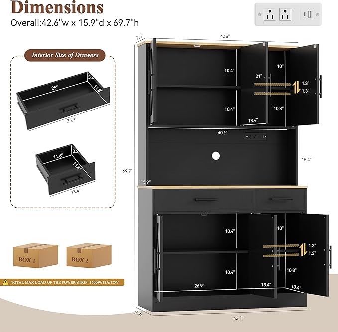 Vongrasig Farmhouse Pantry Cabinet with Charging Station, Tall Kitchen Pantry with Microwave Stand, Storage Drawers & Shelves, Large Kitchen Hutch for Living Room, Dining Room, Black