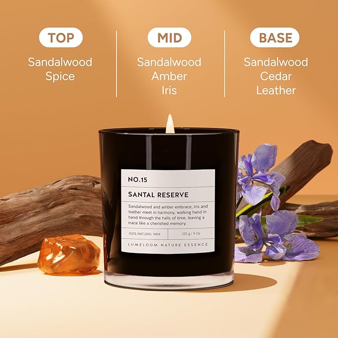 Santal Reserve Luxury Scented Candles, 9oz Soy Wax Candles for Home Scented, Sandalwood, Amber, Iris & Leather Scent, Long Burning Time, Gifts for Women, Men, Sister, Teacher, Christmas