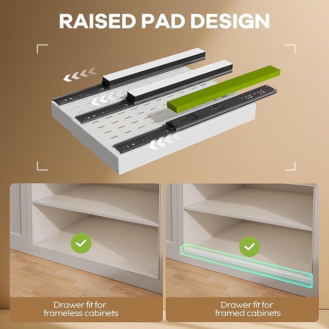 Seinloes 4 Pack Pull out Cabinet Organizer 21" Deep With Raising Pad for Framed Cabinets, Expandable (9"-14" W) Slide out Drawers for Kitchen Cabinets with 4pcs Divider Racks, Roll out Shelves, White