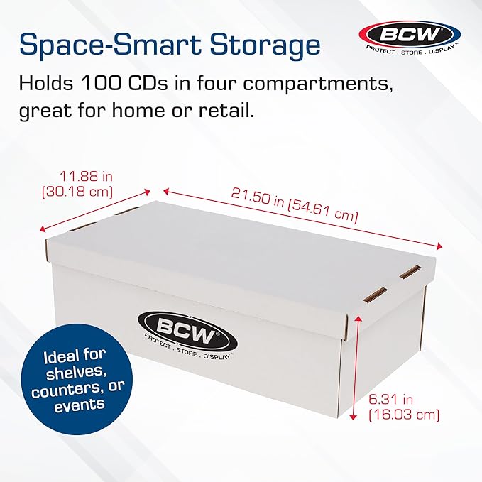 BCW CD Storage Box with Lid - 3 Pack | Holds 100 Jewel Cases | CD Organizer Case with 4 Compartments | Corrugated Storage Bin for Home & Retail | Compact Box for Jewel Case Storage
