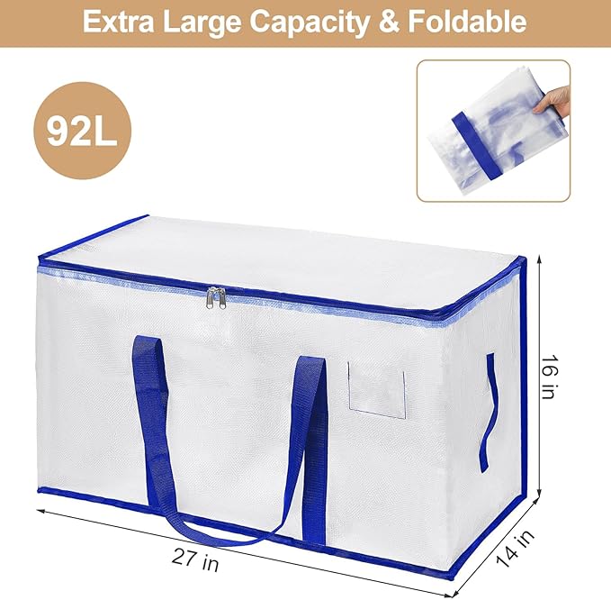 4 Pack Large Strong Moving Bags with Carrying Handles&Zippers, Fold Flat, Water-Resistant&Heavy Duty Storage Tote for Space Saving, Alternative to Moving Box (Semi-Transparent)