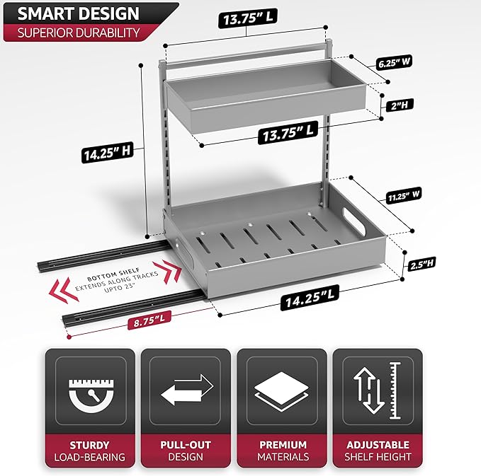 Sorbus Under Sink Organizer with Sliding Tracks – Pull Out Cabinet Organizer with Drawer & Installation Rails – Under Cabinet Bathroom Storage Organizer for Kitchen, Pantry, or Vanity –Silver 1 Pack