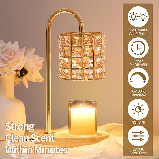 Candle Warmer Lamp, Wax Warmer Lamp with 2 Bulbs, Timer & Dimmer 7-Levels, Candle Top Melting Compatible Jar Candles, Glass Candle Heater Lamp for Scented Wax, Gifts for Mom Home Decor (Amber)