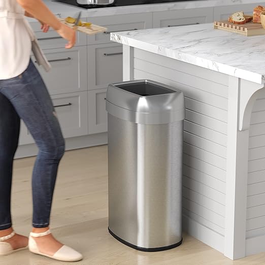 iTouchless 16 Gallon Oval Open Top Trash Can and Recycle Bin with Dual AbsorbX Odor Filters, Slim Space-Saving Large Capacity Commercial Grade for Home, Office, Garage, Business, Stainless Steel