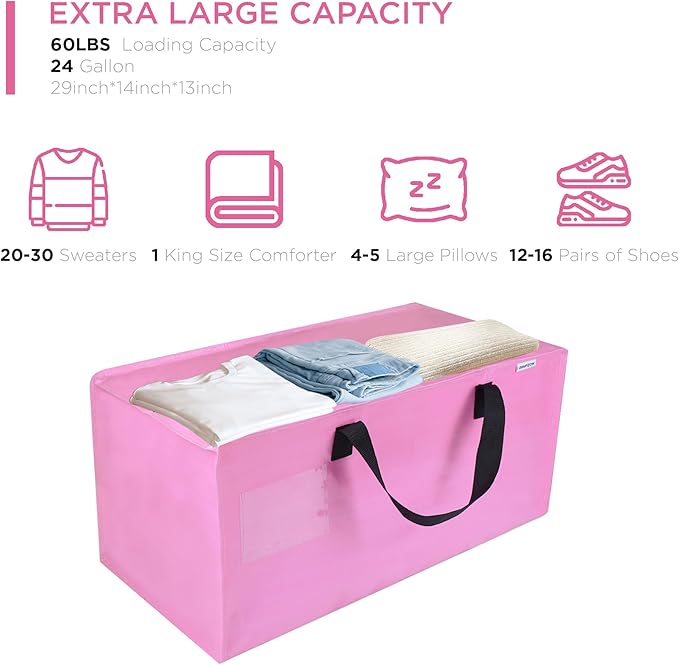 6 Pack Extra Large Moving Bags with Zippers, Backpack Straps & Reinforced Handles, Heavy Duty Storage Bags for Clothes, Moving, Space Saving, Pink