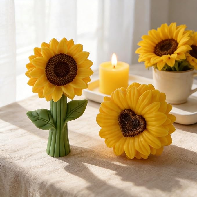 2PCS Sunflower Candle Molds 3D Sunflower Bouquet Mold for Candle Making Mold DIY Handmade Soaps, Candle Gifts,Resin Crafts,Ice Cubes,Chocolate and Home Decorations Valentine's Day Gift