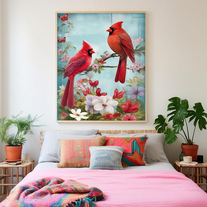 GUAIEUW Red Bird Bouquet Diamond Painting Kit for Adults, Full Round Diamond Cardinal Bird 5D Diamond Painting DIY Art Crafts for Winter Home Wall Decor Holiday Gift 12x18 Inch