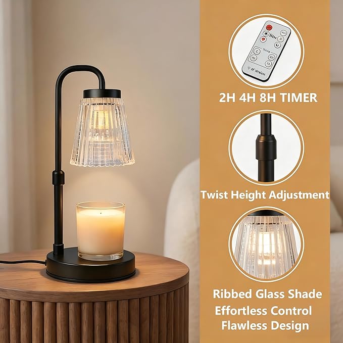 Candle Warmer Lamp with Timer Dimmable,Wireless Remote Control Candle Warmer, Height Adjustable Wax Warmer Lamp for Jar Candles,Gifts for Women/Mom,House Warming Gifts New Home Decor. (Black)