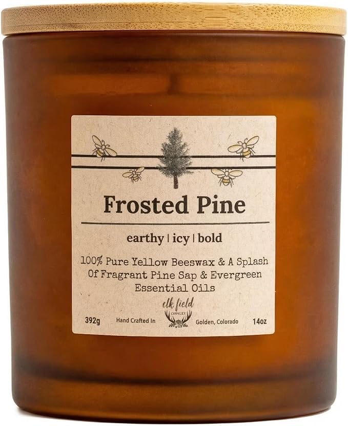 Frosted Pine Organic Beeswax Candle | 2 Ingredients | 100% Pure Beeswax Candles, Non Toxic, Natural, Organic Candles, Beeswax Candles Scented, Non Toxic Candles, 80 Hour, 14oz
