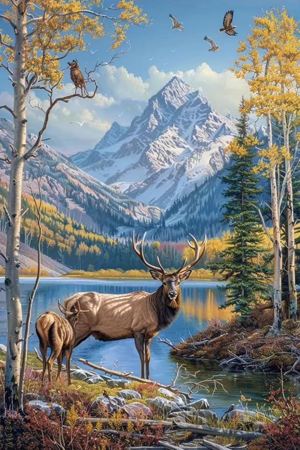 TMOLZ Enchanted Forest Deer Diamond Painting, 5D Lakeside Scenery Kit, Nature-Inspired Wall Art for Home Decoration - 16x20 Inch