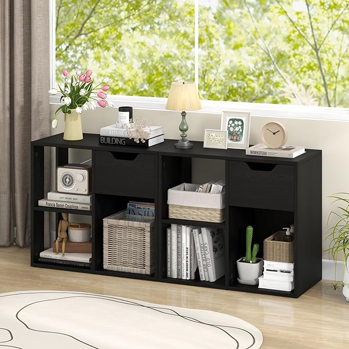 LOKO 3-Cube Bookshelf with Drawer Set of 2, 2-Tier Open Shelf Bookcase, Freestanding Display Shelf, Modern Home Storage Organizer, Shelving Unit for Living Room, Bedroom, Study, Office (2, Black)