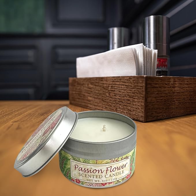 Greenwich Bay Hand-Poured Scented Candle in Decorative Tin – 4 oz/114 g Travel Candle with Lead-Free Wick, Vegetable Wax, Long-Burning Aromatherapy Gift, Single Wick – Made in USA (Passion Flower)