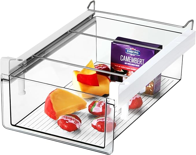 vacane Upgraded Refrigerator Drawers Organizer - Pull Out Fridge Bins with Handle, Extra-Long 19.5" Stretchable and Deep Storage