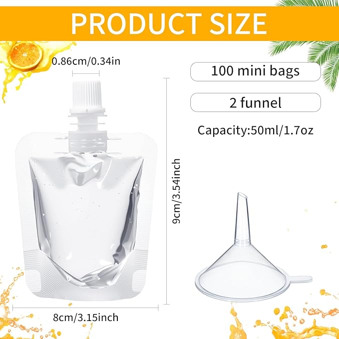 100 Pcs Plastic Pouches Bulk Clear Juice Bags Squeeze Pouches Plastic Leak Proof Bags with Funnel for Party Favors (1.7 oz)