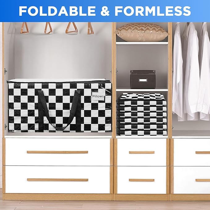Extra Large Moving Bags Heavy Duty Storage Bags with Zipper Handles, BETU 2 Pack Clothes Storage Totes Bins Packing Moving Boxes, Moving Supplies for College Dorm Essentials, Space Saving,White Plaid