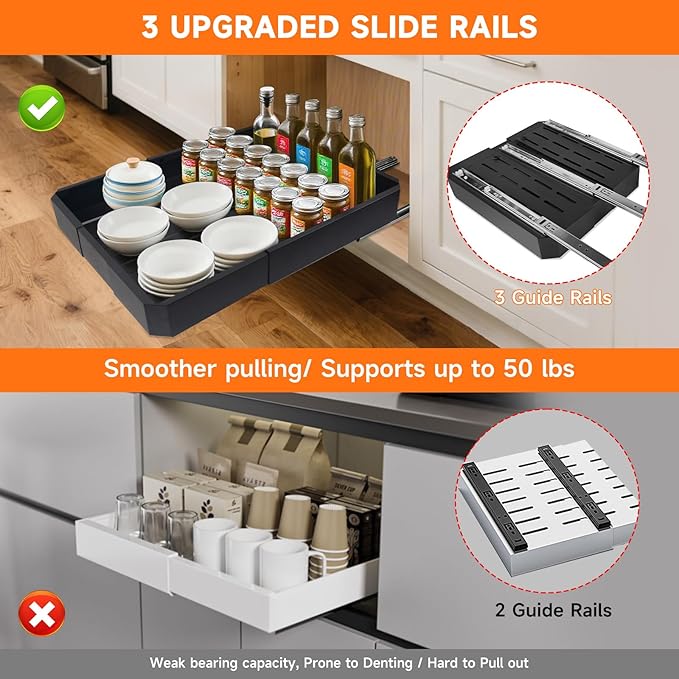 Pull out Cabinet Organizer,Adjustable Width (14"-19") and Depth (17"-24") Expandable,No Drill Slide out Drawers for Kitchen,Pantry,Adhesive Roll out Shelves,for Cabinets Without Lip