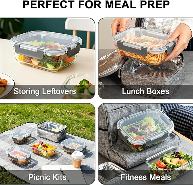 KAMOTA Glass Food Storage Containers, 10 Pack Glass Meal Prep Containers, Airtight Containers with Snap-Lock Lids, 22 oz Grey Container Set with Lids, for Microwave/Oven/Freezer/Dishwasher