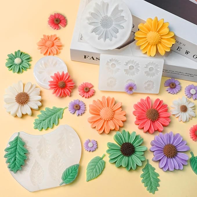 4 Pack Daisy Silicone Molds with Leaf Mold, Set of Large + Medium + Small + Mini Daisy Flower Molds for Candles Wax Soap Epoxy Resin Plaster Fondant Chocolate Cake Cupcake Topper Decoration