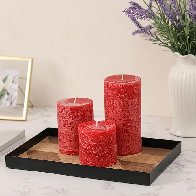 3x6 Inch Bright Red Pillar Candles Set of 3 - Hand-Poured Unscented Candles, Long Clean Burning, Large Big Candle, Smokeless Dripless Candle for Dinner Table, Wedding, Home, Rustic Decor