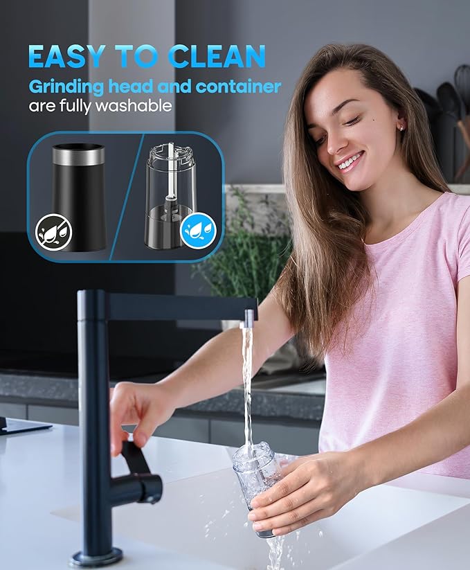 Gravity Electric Salt and Pepper Grinder Set, USB-C Rechargeable Salt and Pepper Mill with 100ml Larger Capacity, White Light, One Hand Automatic Operation, Black, 2Pack