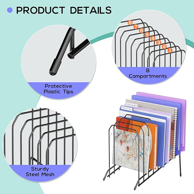 Gawerk Incline Metal Desk Magazine Folder Holder, Sorter Desk File Organizer with 8-Section Vertical Compartments Rack File Organizer for Office, Home, School