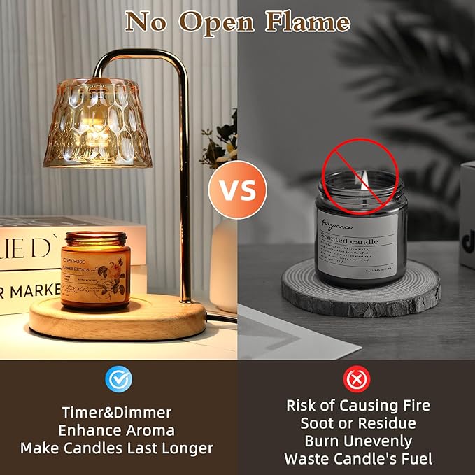 Candle Warmer Lamp Burner for Soy Jar Candles with Timer &Dimmer, Wax Candle Melts Warmer Light for Home Room Decor, Modern Candle Heater with Glass Lampshade for Scented Wax (Golden)
