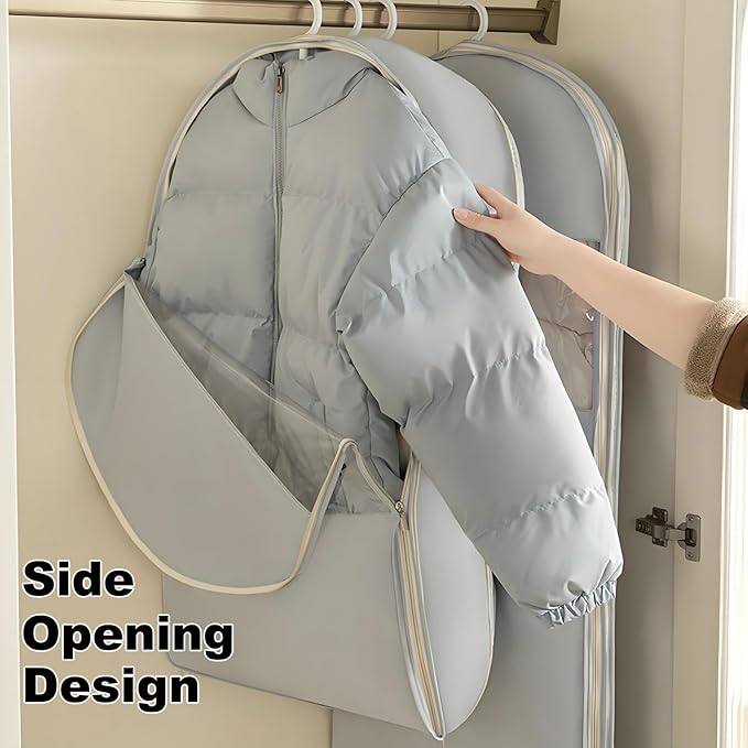 Space Saving Hanging Garment Bag with Self Compression Zipper, 2025 New Space Saver Clothes Storage Organizer, Dust Cover Clothes Bags for Down Coat Suit Dress or Jacket (Gray, XL)