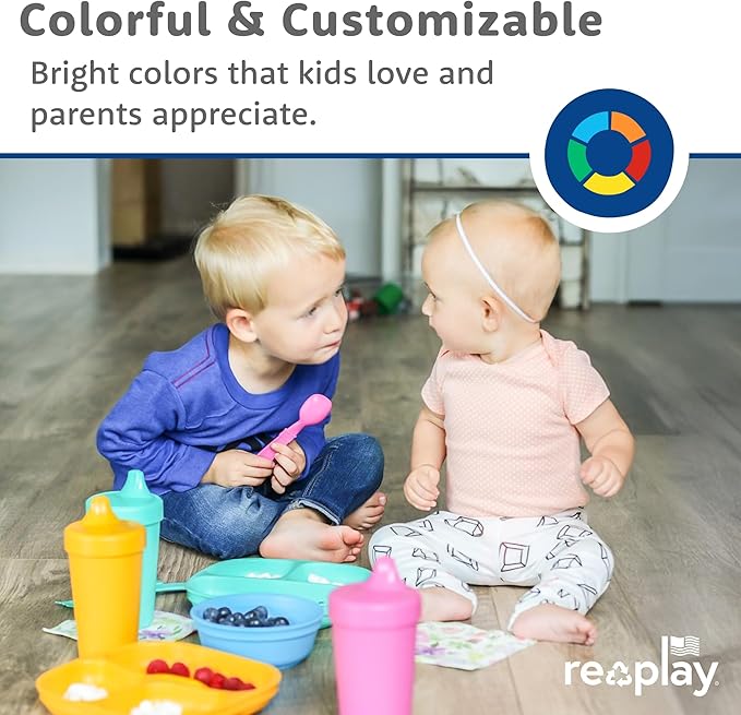 Re-Play Toddler Plates with Dividers - Deep-Walled 3 Compartments Divided Plates for Kids - Dishwasher & Microwave Safe - Made in USA - Set of 4-7.37" x 7.37" x 1.25" - Red
