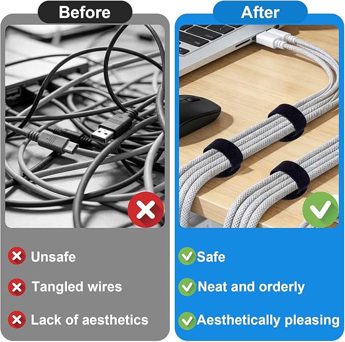 XANGNIER 50 Pair Cable Management Under Desk,Adjustable Hook and Loop Cable Ties,Self Adhesive Cord Organizer,Reusable Cord Straps for PC Computer Wire Organizer,Home Office Essentials
