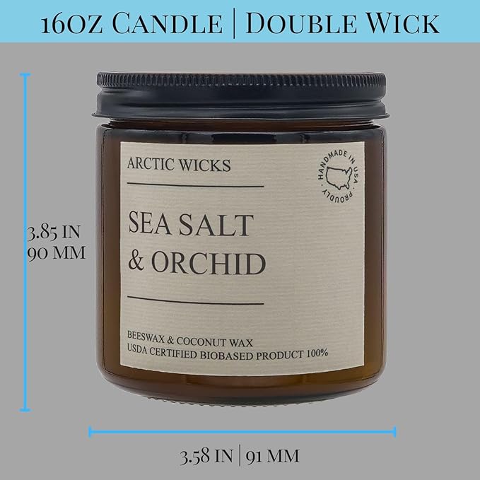 Sea Salt & Orchid Candles | Arctic Wicks Coconut Beeswax Candles | 16oz Amber Scented Candle for Spring Summer Decor Gifts Marine Ocean Mist Sea Salt Beach Non-Toxic Candle | USDA Certified Biobased