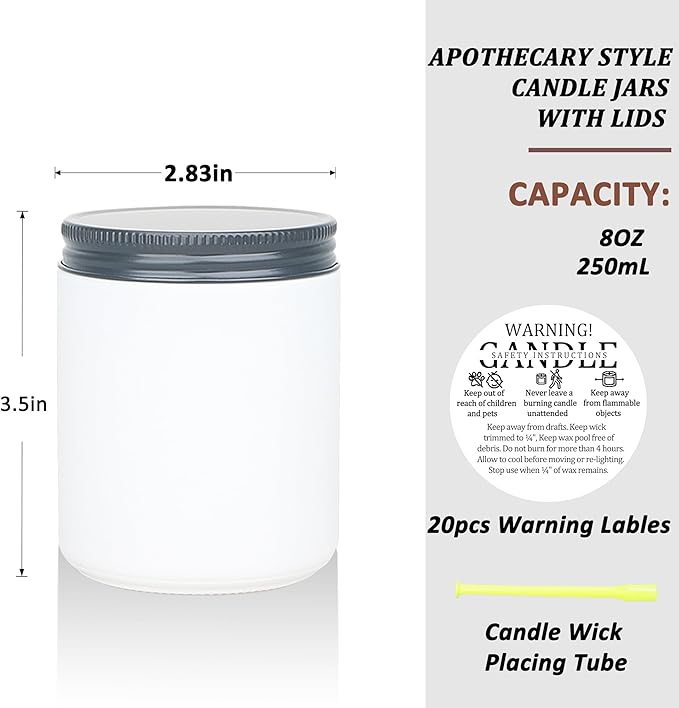 MILIVIXAY 20 Pack 8 OZ Thick Glass Frosted White Candle Jars with All Black Metal Lids-Bulk Empty Candle Jars for Making Candles-Canning Jar for Spice, Liquid, Sample- Dishwasher Safe.
