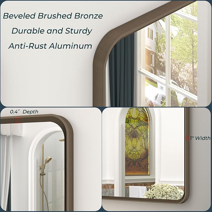 OKPAL 48x30 Bronze Bathroom Vanity Mirror, Brushed Bronze Metal Framed Mirror, Rounded Rectangle Bronze Bathroom Mirror, Anti-Rust, Shatterproof (Horizontal/Vertical)