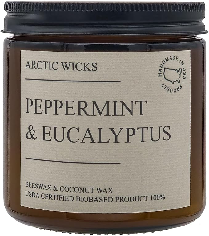 Peppermint & Eucalyptus Candle | Arctic Wicks Non Toxic Coconut Beeswax Candles | Natural Coconut Beeswax 16oz Amber Jar | Spa Wellness Candles Wax Non-Toxic Clean Burn 100% USDA Certified Biobased