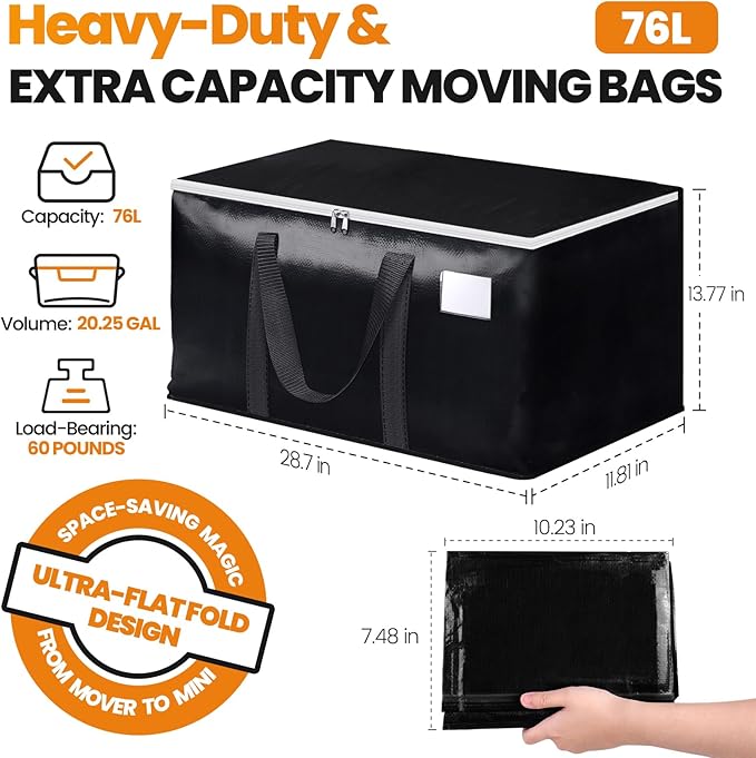 StoreHappily Heavy-Duty & Extra Capacity Moving Bags with Backpack Straps, Storage Totes with Double Zipper & Strong Handles, Packing Bags Alternative to Moving Boxes, Moving Supplies (6 Pack, Black)