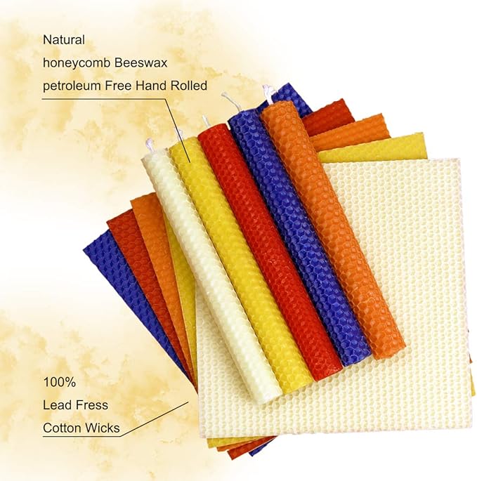 DEYBBY Natural Beeswax Taper Candles,8inch Dripless and Smokeless White Bee Wax,4Hour Burn Time Flat Top (Pack of 6)