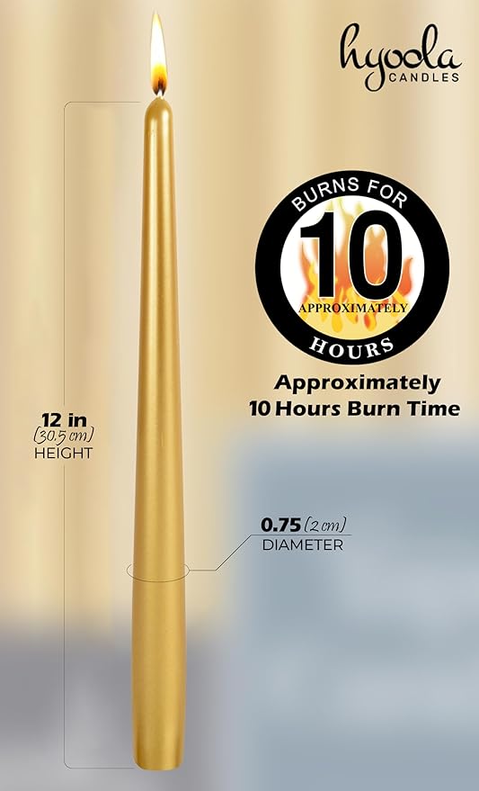 12 Pack Tall Taper Candles - 12 Inch Metallic Gold Dripless, Unscented Dinner Candle - Paraffin Wax with Cotton Wicks - 10 Hour Burn Time