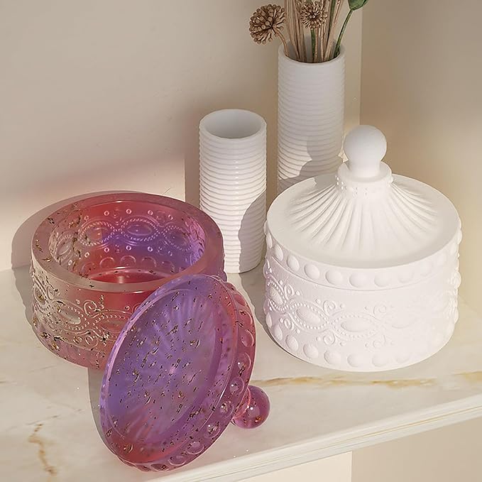 1 Pc Exquisite Silicone Resin Jar Mold Silicone Storage Box Mold with Lids for DIY Epoxy Casting Crafts Cement Concrete Jewelry Storage Boxes Candy Jars Candle Holder Home Decorations Gifts