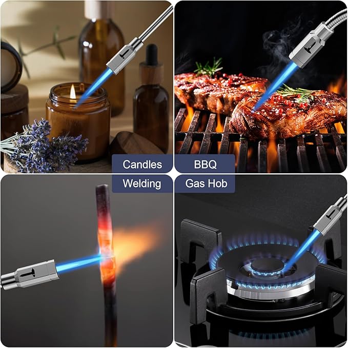 TONYFUL Butane Lighter Long Torch Lighter, Refillable Lighters with Visual Fuel Window, Adjustable Flame Windproof Lighter for Candle, Camping, Fireplace, BBQ(Fuel Not Included)