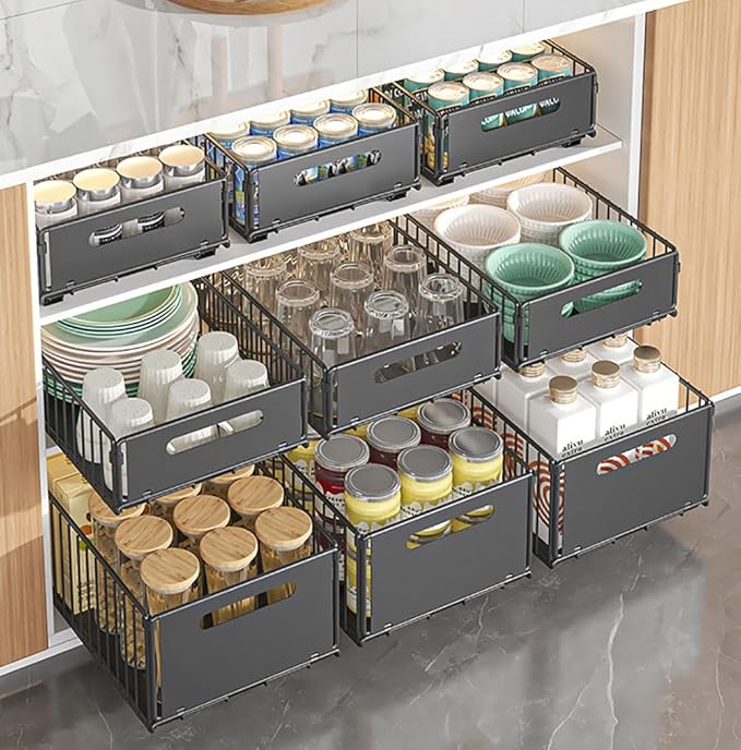 YunNasi Pull Out Cabinet Organizer Slide Out Drawer Storage Shelves Cupboard Organiser Sliding Cabinet Basket for Kitchen No Drilling and Nailing (Black, 2Piece 9.8" W X15 D X 7.5" H)