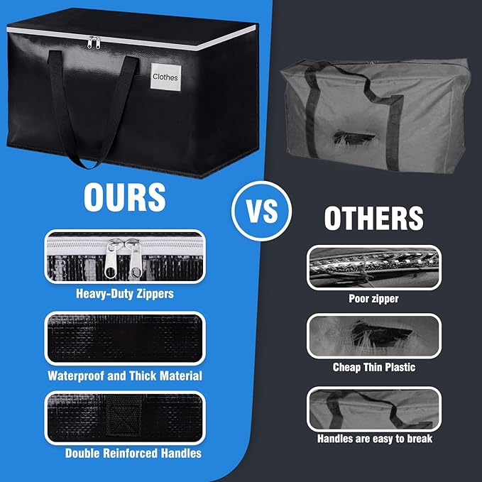 BlissTotes Moving Bags, Heavy Duty Moving Boxes with Zippers Top and Sturdy Handles, Storage Bags for Space Saving and Packing, Collapsible Moving Supplies, Storage Totes (125L, 6-Pack, Black)