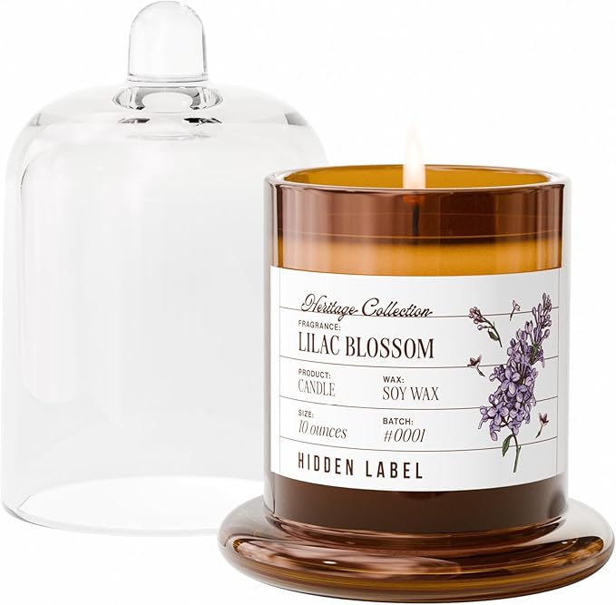 Hidden Label Lilac Blossom Scented Candle - 10oz Non Toxic Candles for Home Scented with Clear Bell Jar, Natural Soy Wax Aromatherapy Candle for Spa/Yoga/Meditation & Stress Relief Gifts