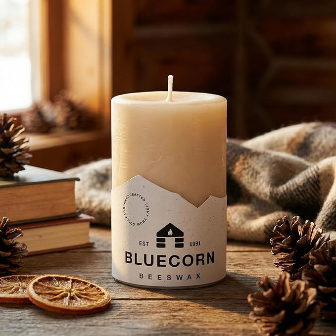 Bluecorn Beeswax 100% Pure Beeswax Pillar Candles | Ivory White 3x4 Pillar Candle Set | Non Toxic, Unscented, Clean Burning | Cotton Wick, Dripless, 60 Hr Long Burning | Handmade in USA | 6 Pack