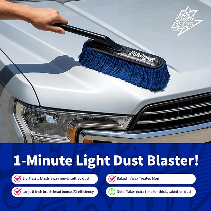 Flash Dog Car Duster Exterior Scratch Free, Waterless Cleaning Brush for Car Truck RV Boat, Gifts for Men Women, Storage Bag & Air Freshener - Wooden Handle Wax Cotton Duster