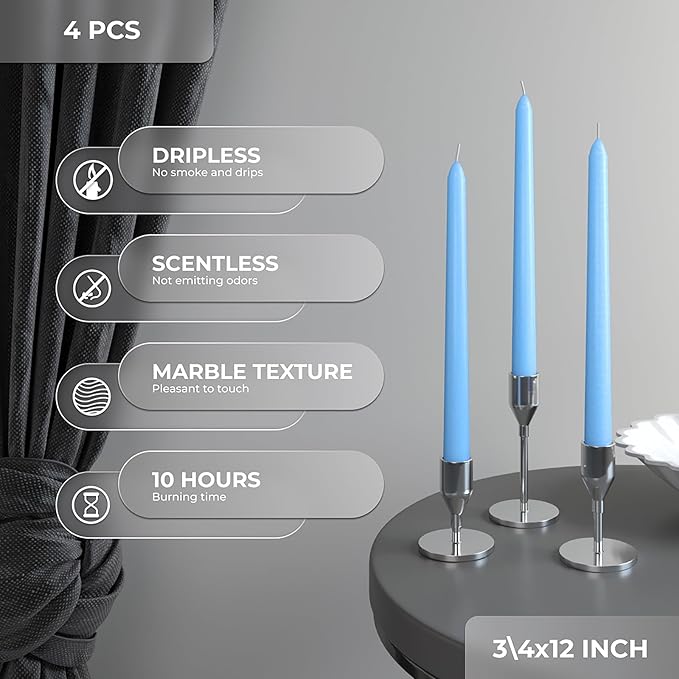 CANDWAX Light Blue 12 inch Taper Candles Set of 4 - Unscented Smokeless Dripless Tapers for Dinner Table, Home Decor, Easter Decor, Party, Wedding and Ordinary Dinners - Spring Candles