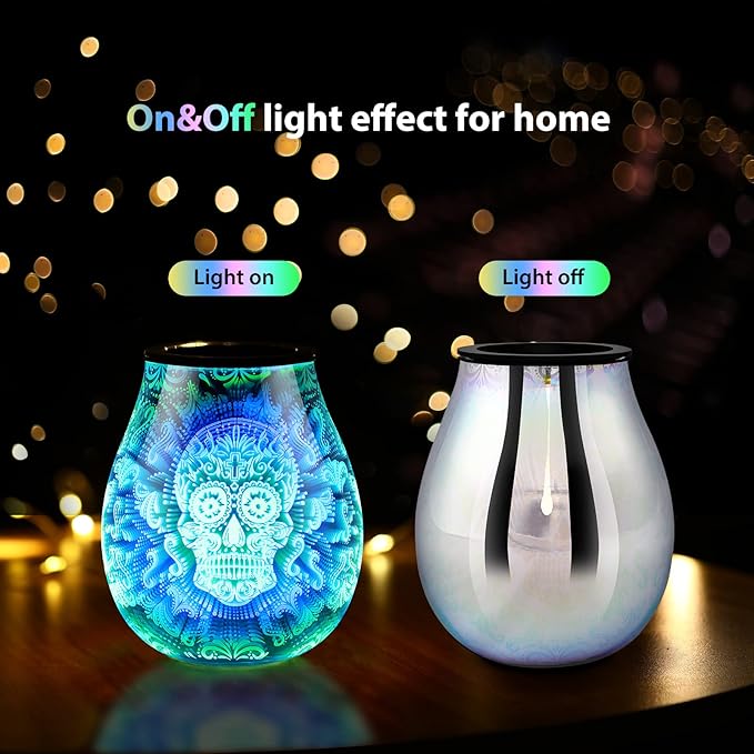 Inrorans Glass Electric Wax Melt Warmer Oil Burner with Stable Heating PTC Reusable Silicone Tray 7 Colorful Changing Led Light Night Light Scent Warmer for Home Fragrance Warmers-Skull