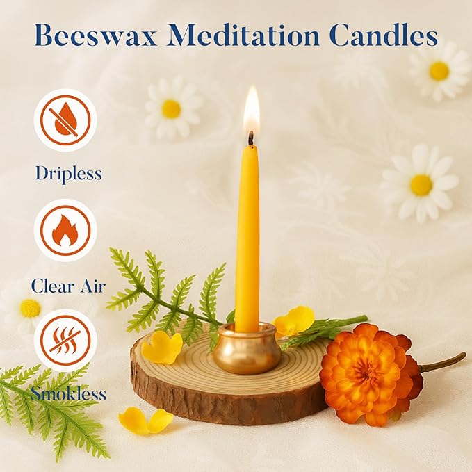 Crenovo 20 Minute Beeswax Meditation Candles, 24 Pack Mini Taper Candles with Brass Holder, Dripless, Smokeless, Gift-Ready Packaging for Meditation and Prayer